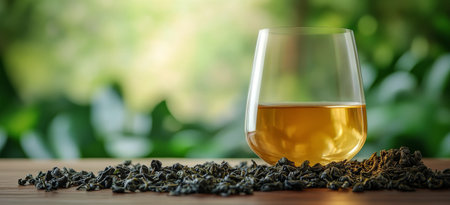 A glass filled with herbal tea stands on a bed of dried leaves, surrounded by vibrant green plants and small purple flowers during a tranquil morning light.の素材