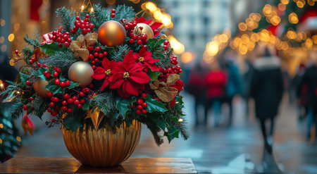 A beautifully arranged holiday centerpiece featuring red flowers, gold ornaments, and berries sits on a wooden table, while people stroll through a lit street during evening hours.の素材