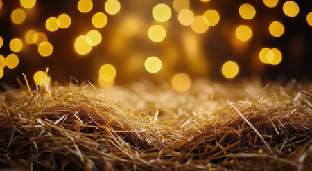 A delicate nest crafted from twigs rests on soft material, adorned with warm golden lights, creating a tranquil and inviting nighttime ambiance.の素材