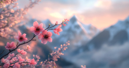 Delicate cherry blossoms in full bloom are captured against a light blue sky and majestic mountains. This tranquil setting evokes the beauty of springtime in nature.の素材