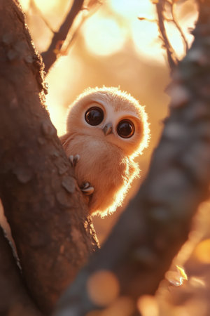 A small owl with large eyes sits on a branch, surrounded by colorful autumn leaves in a tranquil forest. The scene captures the essence of nature and wildlife.の素材