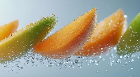 Juicy melon slices are arranged with glistening water droplets, highlighting their freshness. This colorful display evokes the essence of summer and healthy eating.の素材