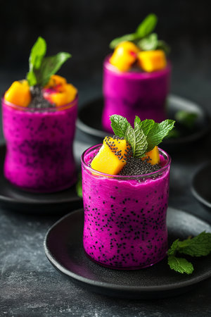 Freshly prepared dragon fruit smoothies topped with mango chunks and mint leaves, served in elegant glasses against a dark background, showing vibrant colors and textures.の素材
