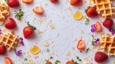 A freshly made waffle is topped with plump strawberries and drizzled with syrup. Mint leaves add a touch of color to this delightful dessert, perfect for any occasion.の素材