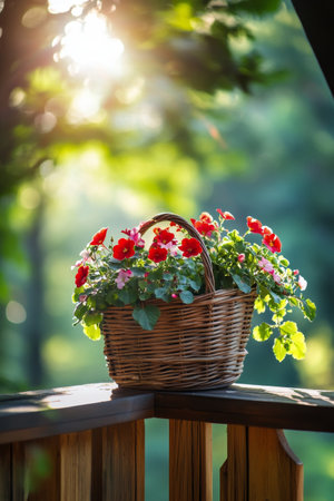 A woven basket filled with vibrant flowers rests on a wooden railing. The warm sunlight casts a golden glow, creating a serene and cheerful atmosphere.の素材