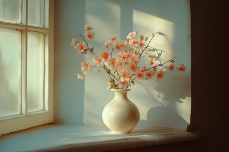 A vibrant bouquet of orange and white flowers fills a white vase placed on a windowsill. Sunlight filters through the window, casting soft shadows on the wall.の素材