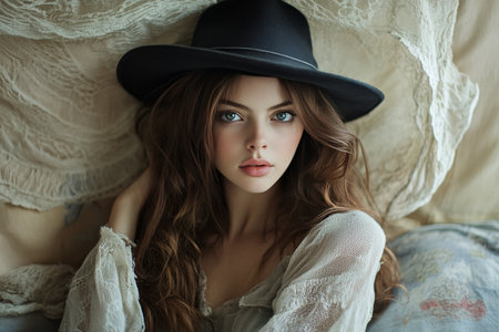 A woman with long, wavy hair wears a wide-brimmed hat while resting on soft, textured fabrics. Natural light illuminates her delicate features and creates a serene atmosphere.の素材