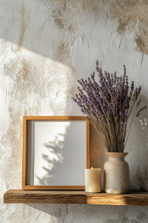 A wooden shelf holds a blank frame, a candle, and a vase of lavender. Soft sunlight illuminates the scene, creating calming shadows against a textured wall.の素材