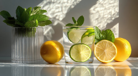 Crisp mint leaves and vibrant lime slices rest in clear glasses filled with ice, set against a serene mountainous landscape in soft light.の素材