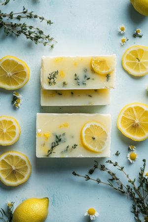 Four square soap bars featuring lemon slices and herbs are neatly arranged on a woven tray. Surrounding the tray are fresh lemons and sprigs of herbs, creating a vibrant display.の素材