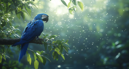A vibrant blue parrot sits elegantly on a branch, surrounded by lush greenery in a mystical forest. The soft mist and golden light create a serene atmosphere.の素材