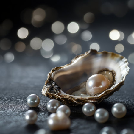 An oyster shell holds a lustrous pearl, surrounded by smaller pearls and a shimmering backdrop. The scene captures elegance and luxury in a soft, ambient light.の素材