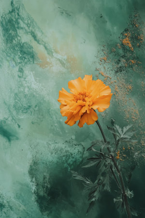 A vivid yellow flower grows against a textured green background, drawing attention to its vibrant color and delicate petals, showing the beauty of nature in a tranquil setting.の素材