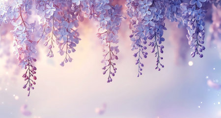 Vibrant purple flowers gently sway, creating a captivating display against a soft pastel background. The tranquil atmosphere evokes feelings of peace and beauty in nature.の素材