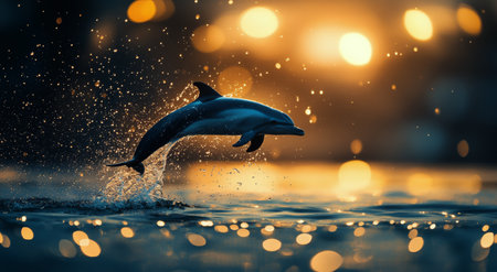 A playful dolphin leaps out of the water, splashing around as the sun sets. The warm light creates a beautiful, sparkling effect on the ocean surface.の素材