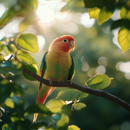 A vibrant parrot sits on a branch, bathed in warm sunlight filtering through leaves. The setting creates a serene and lively atmosphere in nature.の素材