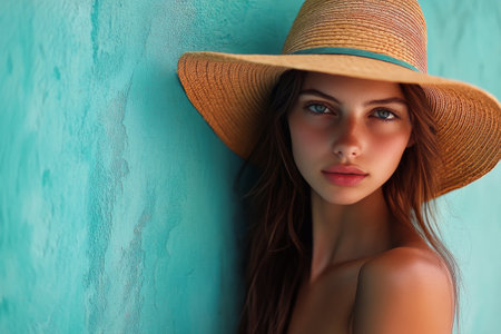 A young woman with long dark hair wears a straw hat and a simple outfit while standing gracefully by a vintage wall. Sunlight enhances the serene atmosphere around her.の素材