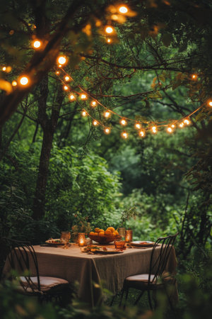 A wooden table is set outdoors amidst greenery, adorned with a bowl of lemons, a glass of water, and string lights illuminating the peaceful area in evening light.の素材