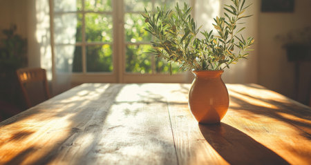Sunlight streams through a window, casting a warm glow on an olive branch in a simple vase placed on a rustic wooden table. The serene atmosphere invites calm.の素材