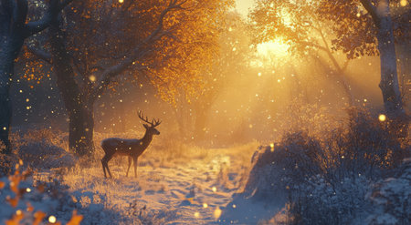 A graceful deer stands amidst a snowy landscape in a tranquil forest at golden hour. The warm sunlight illuminates the surroundings, creating a serene atmosphere.の素材