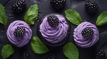Three scoops of creamy blackberry ice cream are arranged with fresh mint leaves and ripe blackberries, creating a tempting dessert display on a dark background.の素材