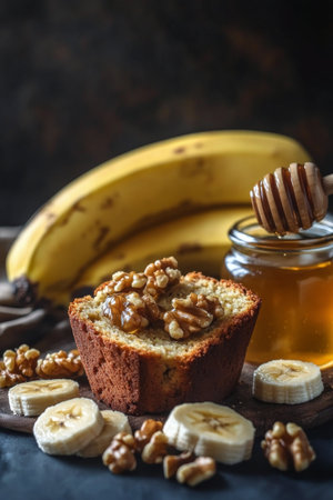 A freshly baked loaf of banana bread sits on a rustic wooden table, garnished with banana slices and walnuts, accompanied by a jar of golden honey.の素材