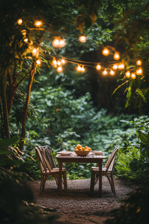 A wooden table is set outdoors amidst greenery, adorned with a bowl of lemons, a glass of water, and string lights illuminating the peaceful area in evening light.の素材