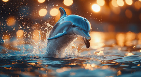 A playful dolphin leaps out of the water, splashing around as the sun sets. The warm light creates a beautiful, sparkling effect on the ocean surface.の素材