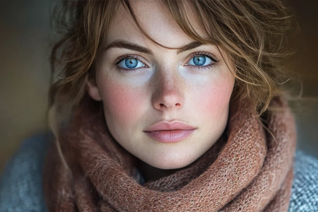 A woman with striking blue eyes confidently gazes at the camera while wearing a cozy scarf. The dark backdrop highlights her natural beauty and expressive features.の素材