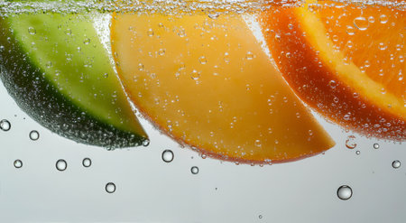 Juicy melon slices are arranged with glistening water droplets, highlighting their freshness. This colorful display evokes the essence of summer and healthy eating.の素材
