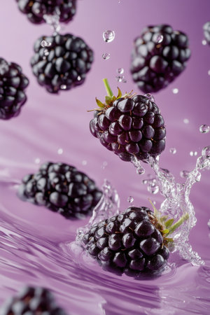 Blackberries float gracefully in shimmering purple water, creating a visually striking contrast with their rich color. The scene captures the freshness and natural beauty of the berries.の素材
