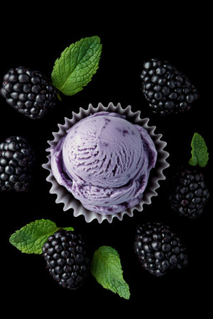 A beautifully crafted cupcake features rich chocolate base topped with creamy blackberry frosting, fresh blackberries, and vibrant mint leaves, creating a delightful dessert.の素材