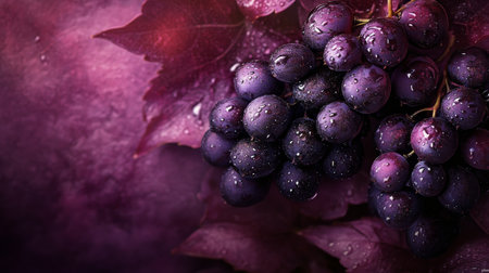 Blackberries with rich purple hues shimmer with water droplets, surrounded by dark green leaves. The close-up captures the freshness and juiciness, highlighting nature's bounty.の素材