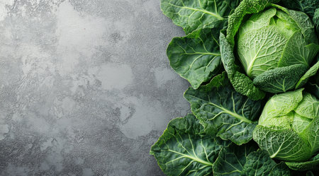 A vibrant green cabbage rests on a light gray surface, surrounded by its fresh leaves, illustrating its organic beauty and appealing for culinary use.の素材