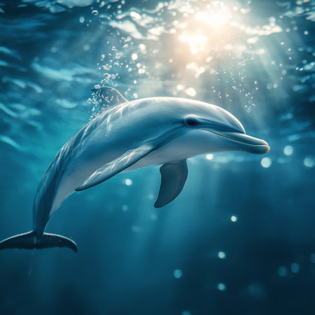 A dolphin glides effortlessly beneath the sparkling surface of the ocean, illuminated by bright sunlight filtering through the water. Bubbles trail behind it as it swims.の素材