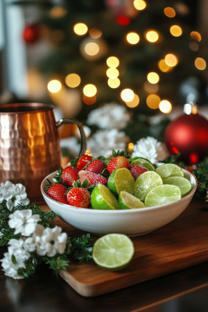 A bowl filled with fresh strawberries and limes sits on a wooden table, surrounded by elegant decor and warm lights. The atmosphere is cozy and inviting, perfect for holiday gatherings.の素材