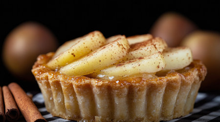 Freshly baked apple pie with a flaky crust reveals succulent apple slices and a shiny glaze. The pie is placed on a black and white checkered cloth, enhancing its appeal.の素材