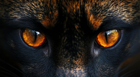 A fox stars intently with its vivid amber eyes focused on the viewer. The intricate patterns of its fur create a captivating texture against a blurred background.の素材