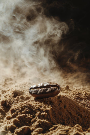 A coffee bean rests in a bed of ground coffee, with wisps of steam rising around it. The rich brown tones create a warm and inviting atmosphere.の素材