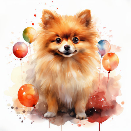 A fluffy dog with a light brown coat wears a festive hat decorated with bright colors, surrounded by cheerful splashes. This captures the spirit of celebration and joy.の素材