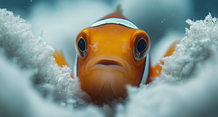 A fish with striking orange eyes peeks through white foam, showing unique textures and colors in a vibrant underwater world, capturing a moment filled with intrigue.の素材