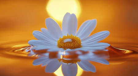 A solitary white daisy stands tall in the sunlight, its petals glistening. The warm orange background highlights the flower's beauty, creating a serene atmosphere.の素材