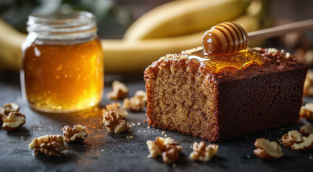 A loaf of freshly baked honey walnut bread is sliced on a dark surface. Surrounding it are whole walnuts and a jar of honey, enhancing the appetizing presentation.の素材