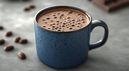 A vibrant blue mug filled with rich, frothy coffee sits on a dark stone surface, creating an inviting atmosphere perfect for a morning ritual.の素材