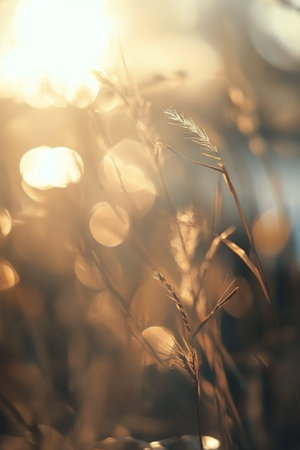 Sunlight creates a stunning golden effect as it shines on tall grass in a field during sunset, illuminating the scene with shimmering bokeh.の素材