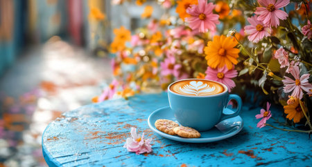 Bright blue table holds a beautiful coffee cup topped with latte art, accompanied by a cookie and a flower. Colorful blossoms enhance the cheerful atmosphere on this sunny day.の素材