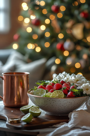 A bowl filled with fresh strawberries and limes sits on a wooden table, surrounded by elegant decor and warm lights. The atmosphere is cozy and inviting, perfect for holiday gatherings.の素材