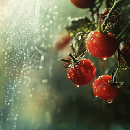 Ripening tomatoes hang on a vine, their surfaces glistening with raindrops as a summer storm passes through the garden, creating a refreshing atmosphere.の素材