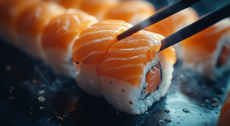 Chopsticks pick up a beautifully crafted sushi roll filled with fresh salmon, surrounded by other sushi pieces on a reflective surface.の素材