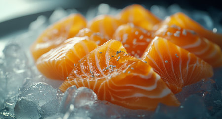 Bright orange salmon slices arranged artistically on crushed ice create an appetizing seafood display perfect for dining or events.の素材